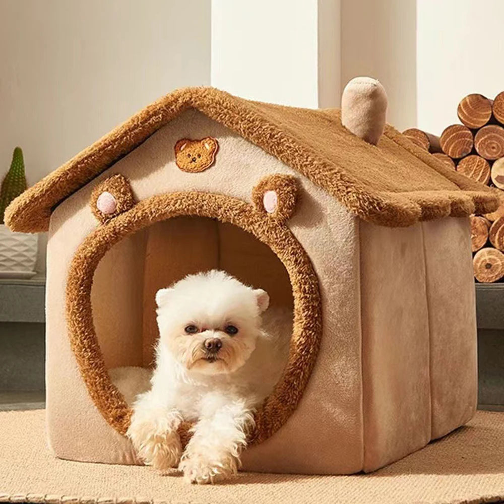 Cozy 4-Season Enclosed Pet Bed - Teddy Bear Style!