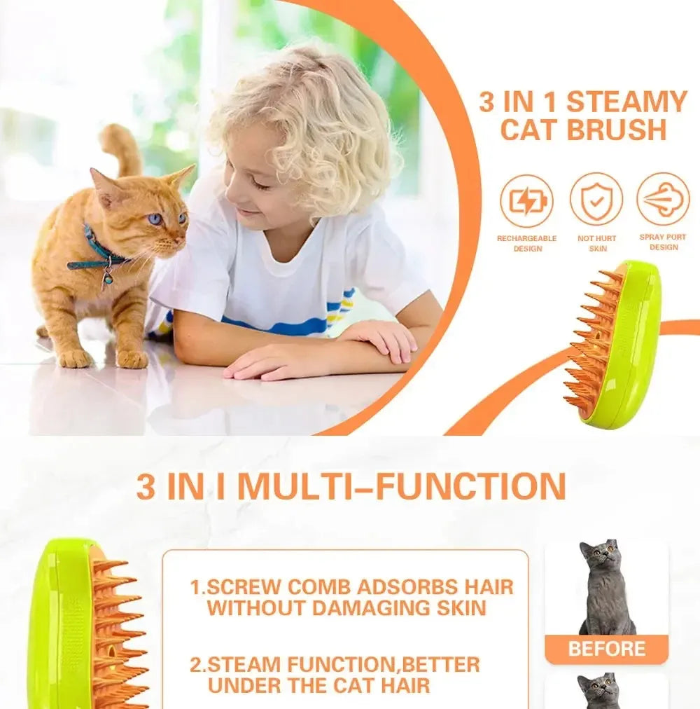 3-in-1 Electric Steam Brush for Pet Grooming & Massage!