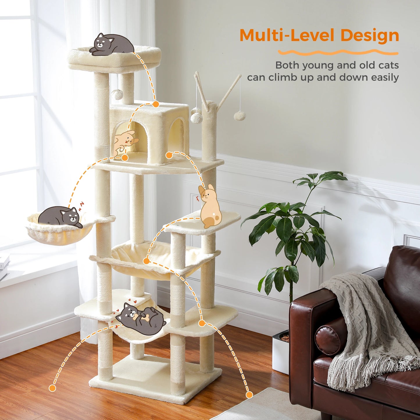 Tall Plush Cat Tower with Caves and Scratching Boards!