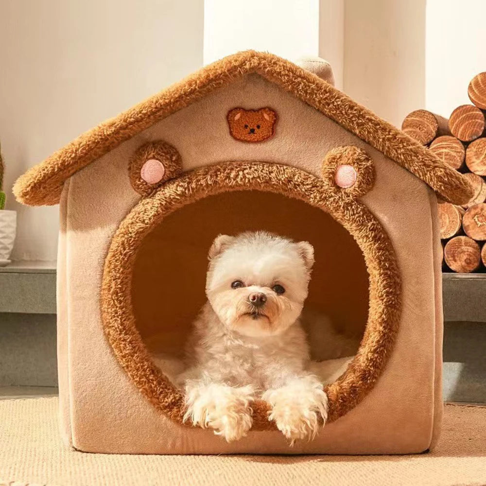 Cozy 4-Season Enclosed Pet Bed - Teddy Bear Style!