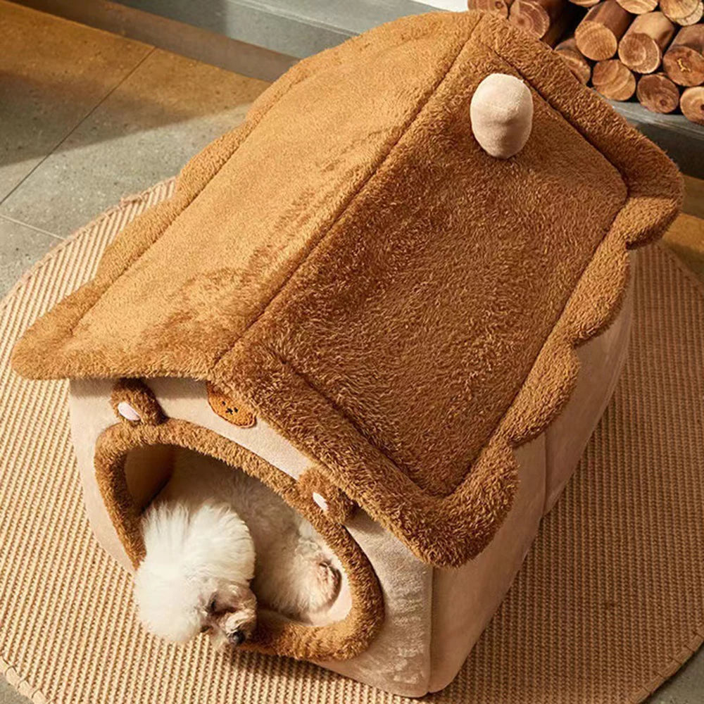 Cozy 4-Season Enclosed Pet Bed - Teddy Bear Style!