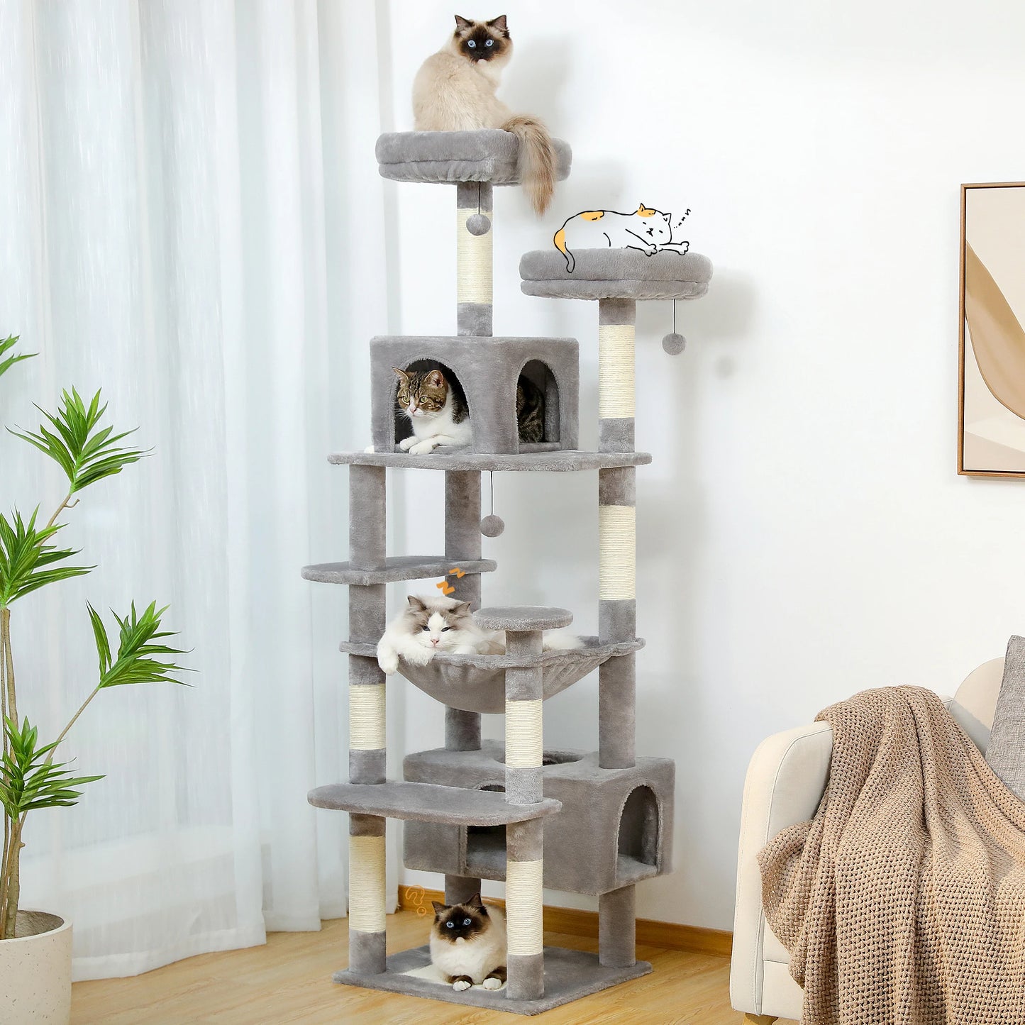 Tall Plush Cat Tower with Caves and Scratching Boards!