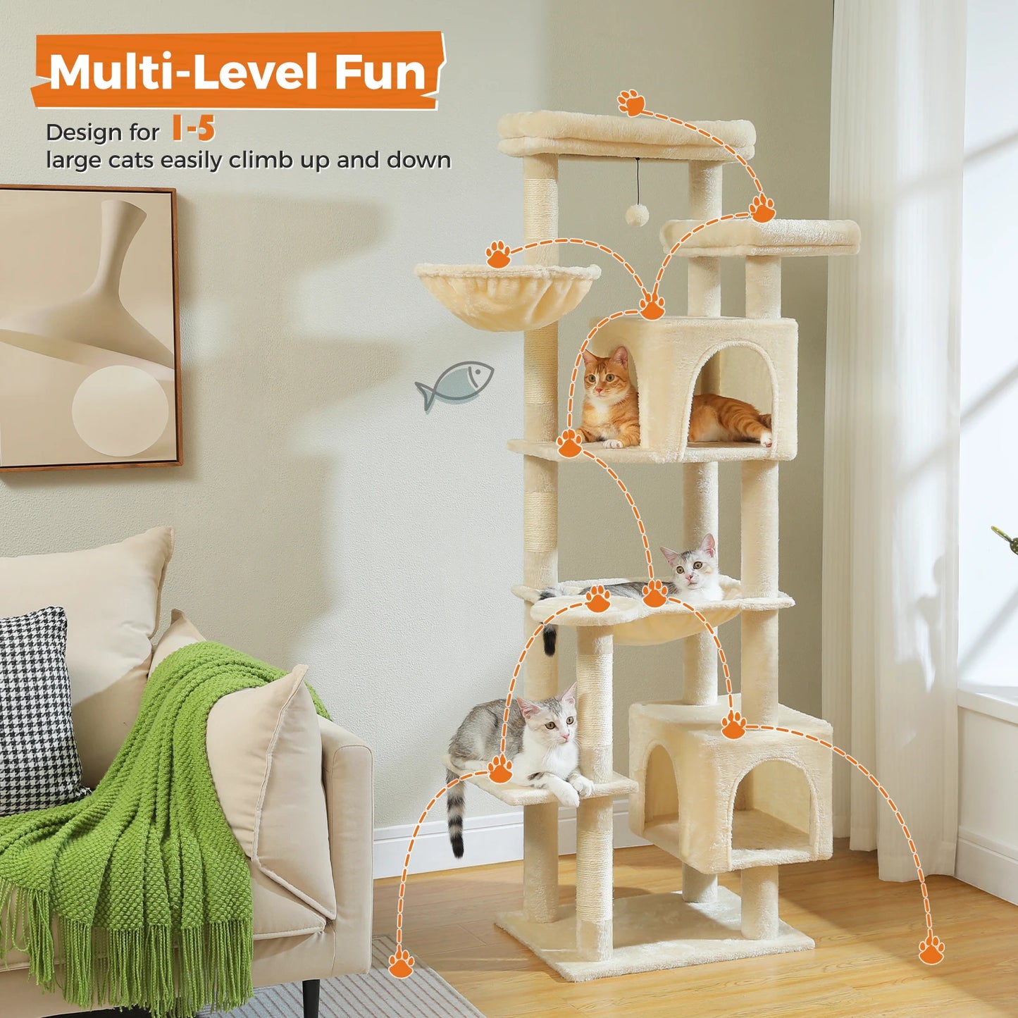 Tall Plush Cat Tower with Caves and Scratching Boards!