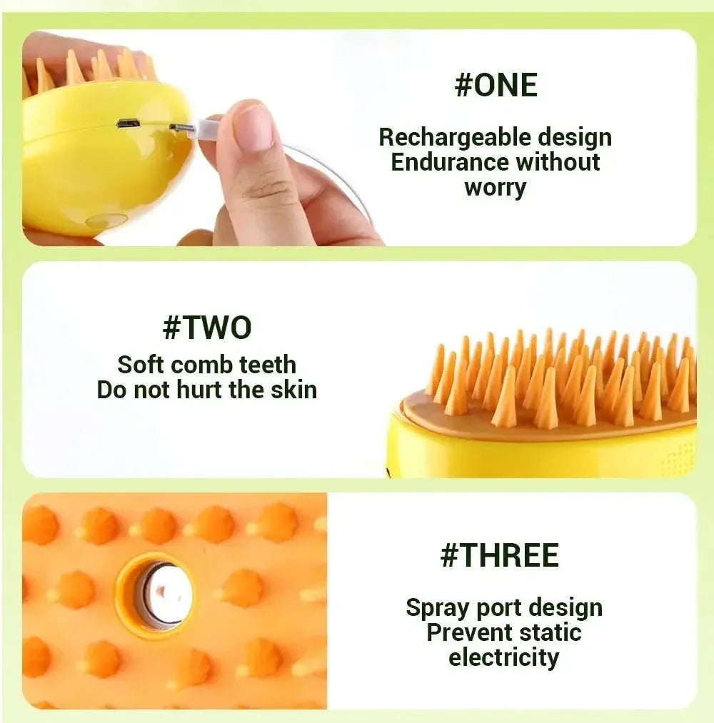 3-in-1 Electric Steam Brush for Pet Grooming & Massage!