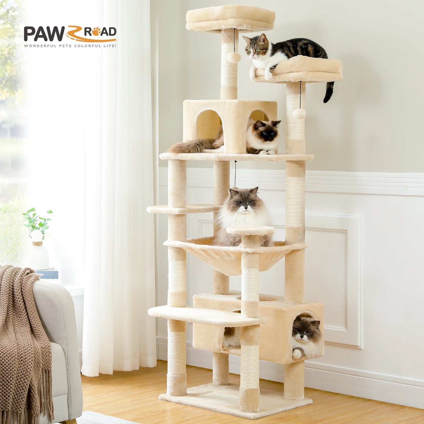 Tall Plush Cat Tower with Caves and Scratching Boards!