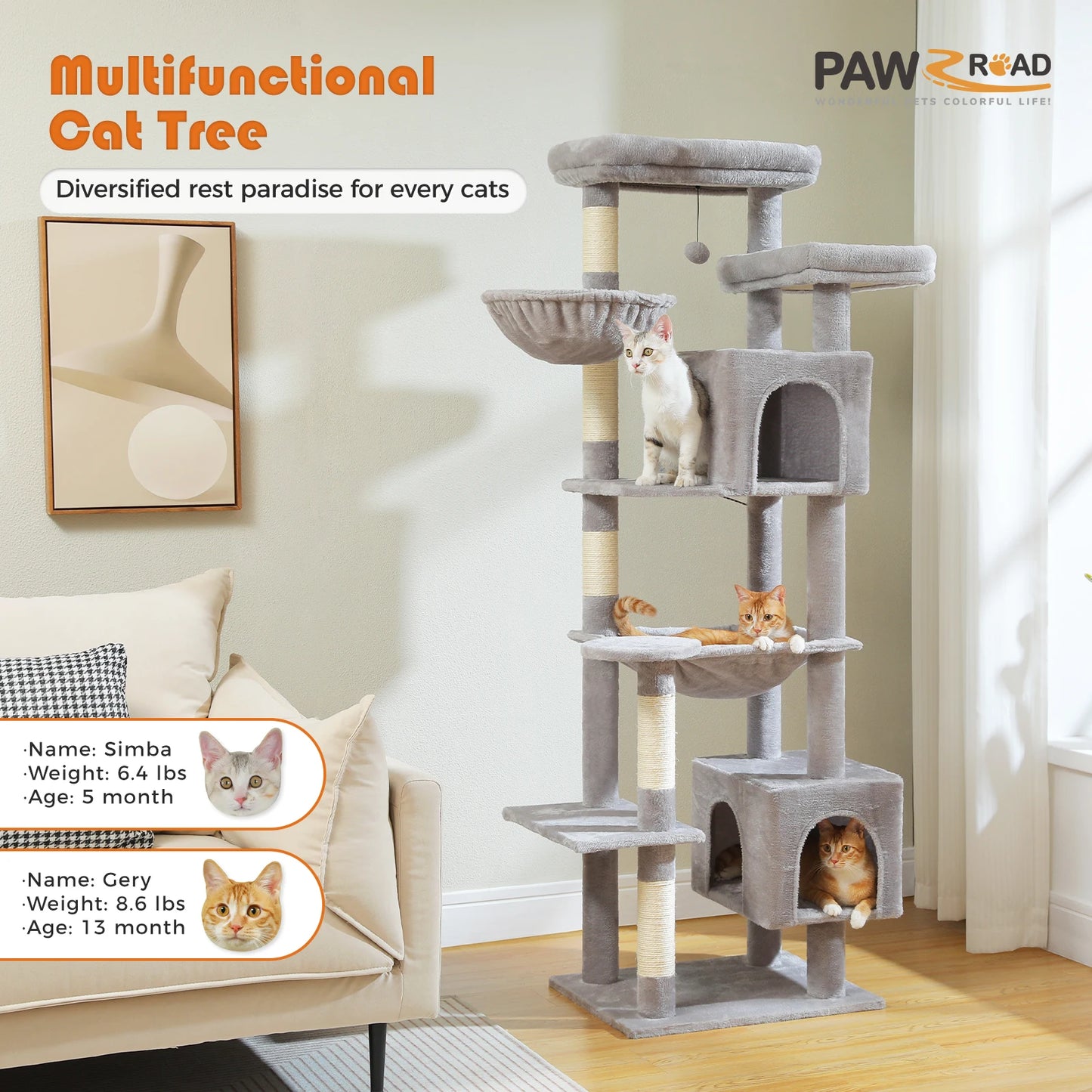 Tall Plush Cat Tower with Caves and Scratching Boards!